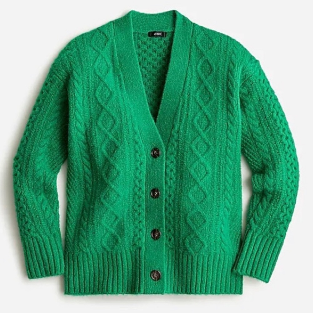 J. Crew Cable-knit stretch wool cardigan sweater in Brilliant Kelly Green